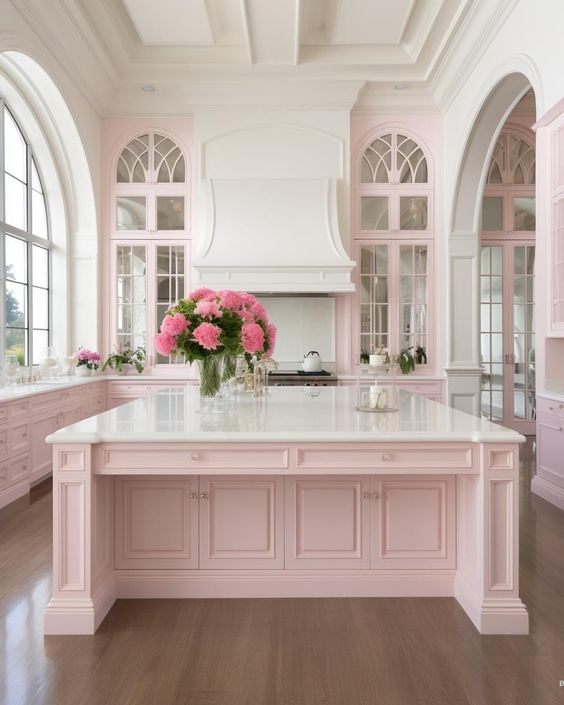 Cocina color rosa pastel.