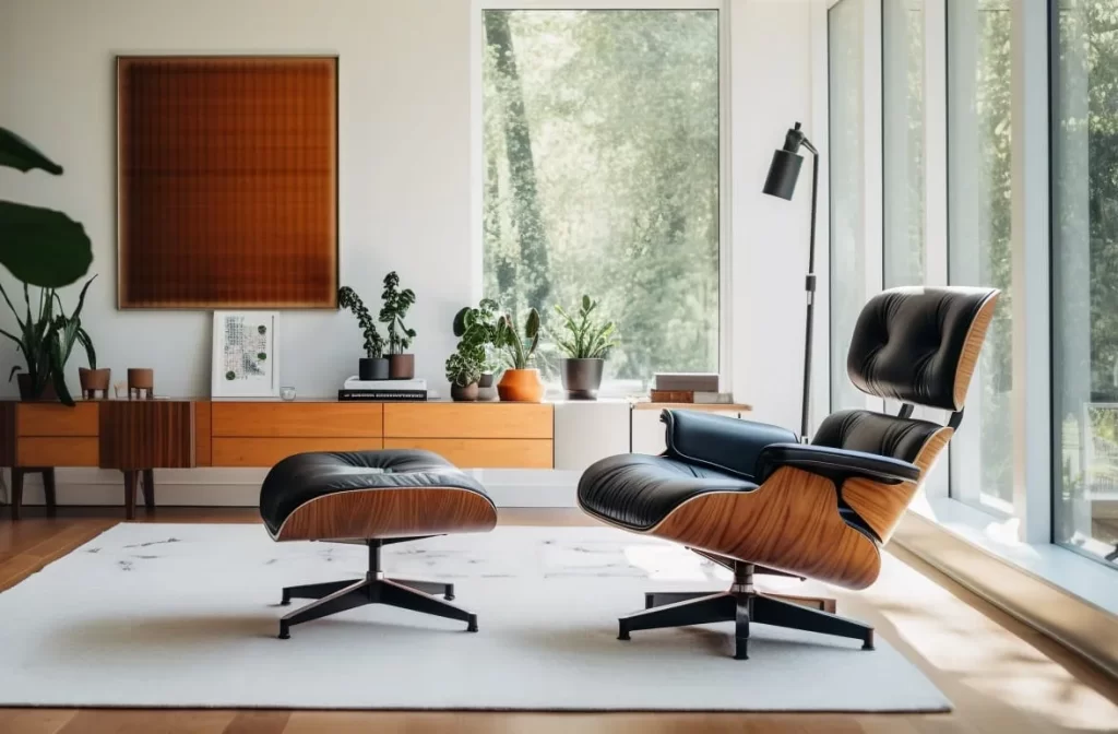 En esta imagen vemos una sala de estar amueblada con una de las sillas icónicas de mediados de siglo, la silla Lounge Chair