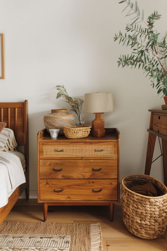 Mesita de noche y cestas de mimbre al lado de la cama. Decoración de dormitorios rústicos.