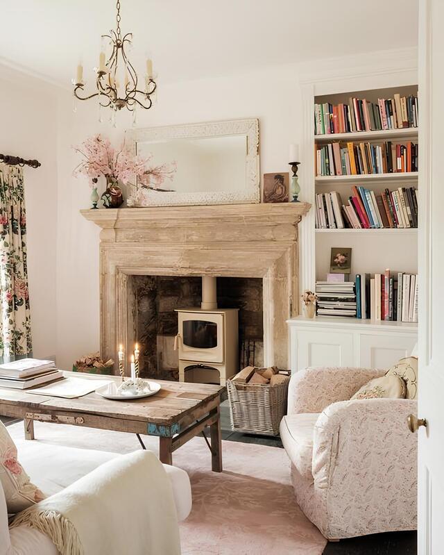 Sala con chimenea y mesa de centro de madera envejecida Estilo Shabby Chic