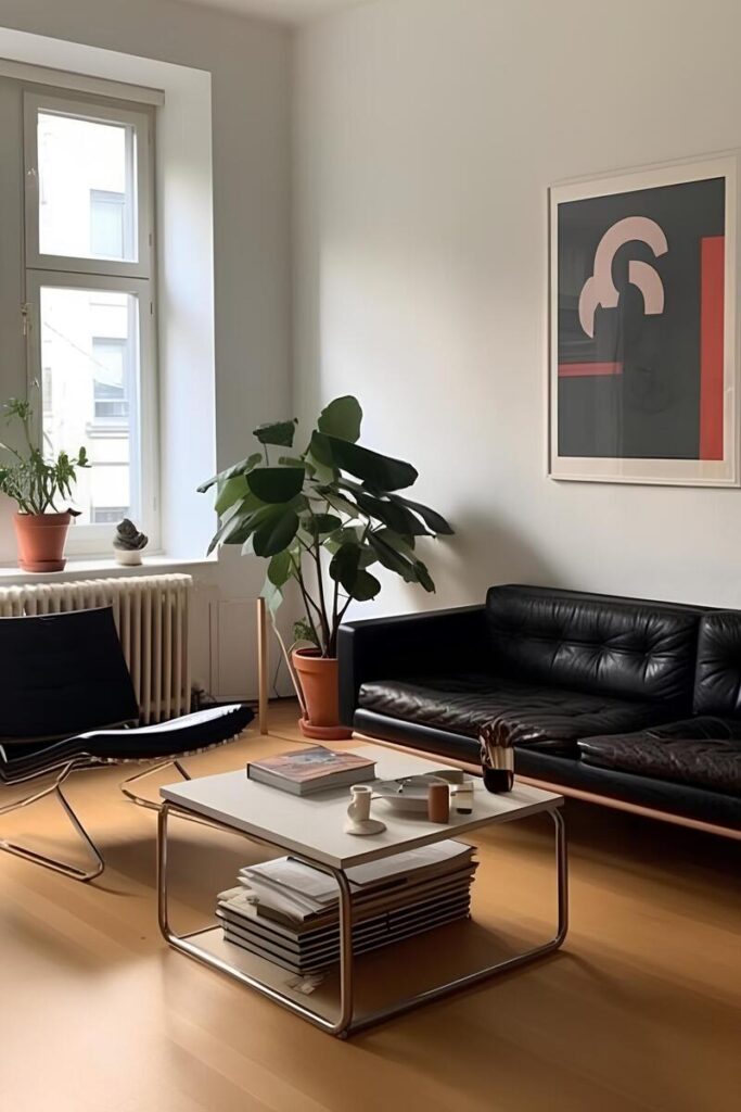 Sala con sofá y sillón negro de cuaro decoración estilo moderno