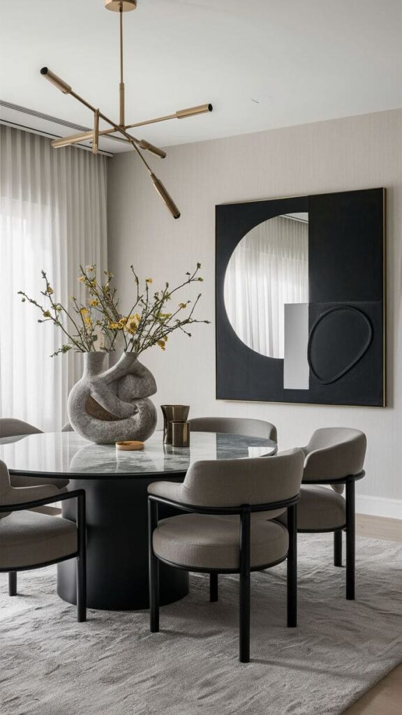 Elegante comedor decorado estilo contemporáneo, mesa circular y espejo de gran formato en la pared